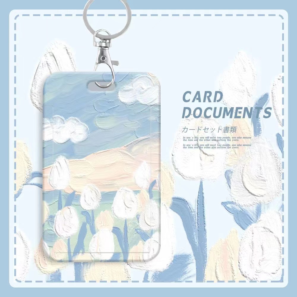 กระเป๋าใส่นามบัตร บัตรรถบัส ลายภาพวาดสีน้ํามัน รูปดอกไม้ สีฟ้า สําหรับนักเรียน โรงอาหาร บัตรประจําตัวประชาชน