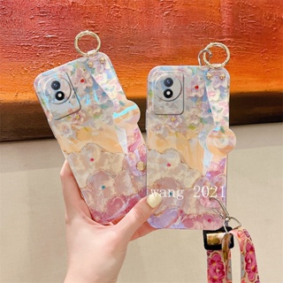 New Phone Case VIVO Y02 Y16 Y35 2022 Y22 Y22s V25 V25e V25 Pro 5G เคส Casing Glitter Luxurious Rhinestone Flowers Pattern with Wristband Long Lanyard Soft Case เคสโทรศัพท