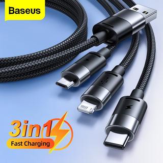 Baseus 3 in 1 สายเคเบิล USB สําหรับ iPhone 14 13 12 Pro 11 3.5A สายชาร์จ Micro USB C Type C สําหรับ Macbook Pro Samsung Xiaomi