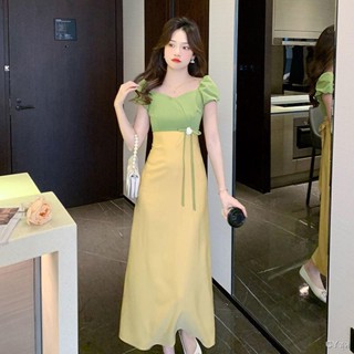 Spot ☔🍬American French Mint Yellow Green Stitching Dress Long Retro Retro Waist Puff Sleeves