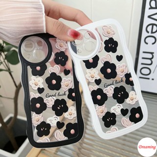 เคสใช้ได้กับ iPhone 14 13 12 Mini 11 Pro X XR XS Max SE 2020 7 8 Plus รูปไข่ Big Eye ลวดลายหยักสีชมพูดอกไม้สีดำ