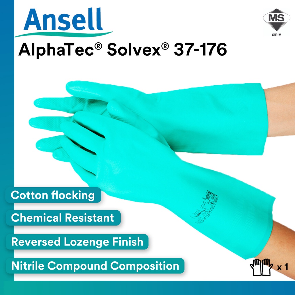 ANSELL Solvex 37-176 ถุงมือทนสารเคมี Excellent Grip ล้างจานนํากลับมาใช้ใหม่ในครัวเรือน SILICONE LATE