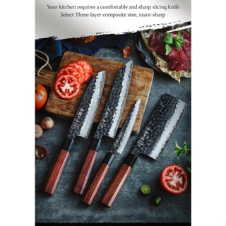 มีดเชฟ มีดเชฟญี่ปุ่น มีดทำครัว Premium Japanese chef knife, Santoku, Nakiri, Hezhen 3-layer, 10Cr15CoMov ด้ามไม้+เขาควาย