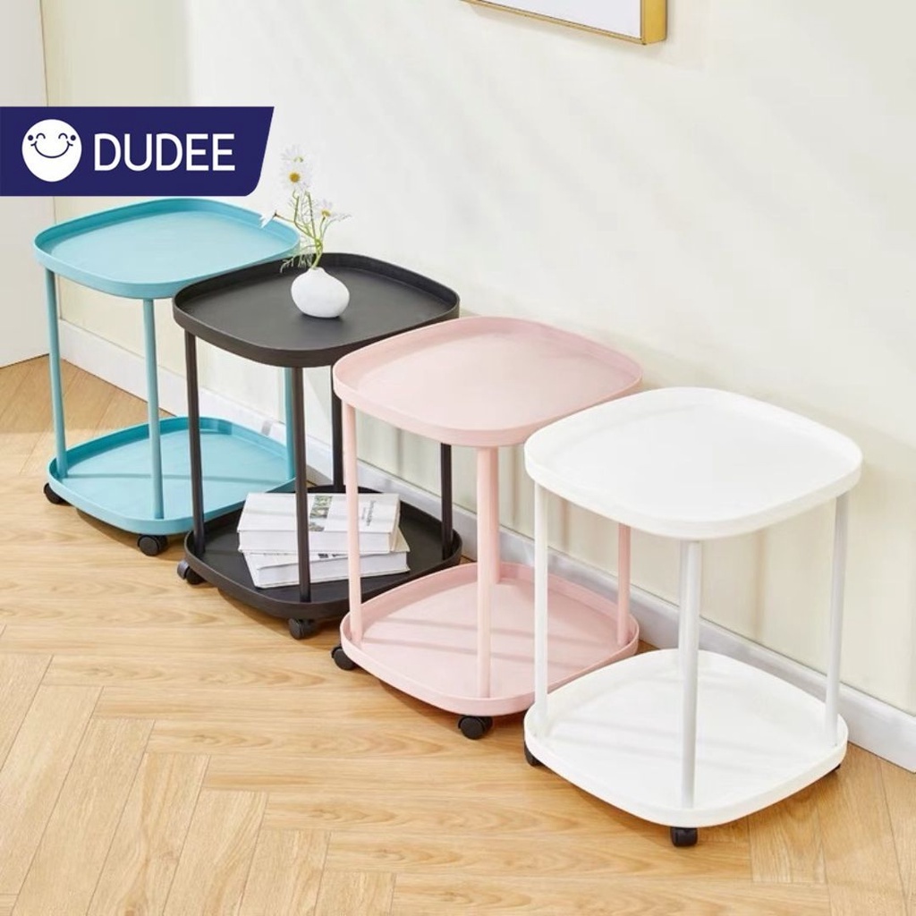 DUDEE โต๊ะวางถาด DD114 โต๊ะเหลี่ยมวางถาด มีล้อ โครงเหล็ก ถาดพลาสติดอย่างหนา