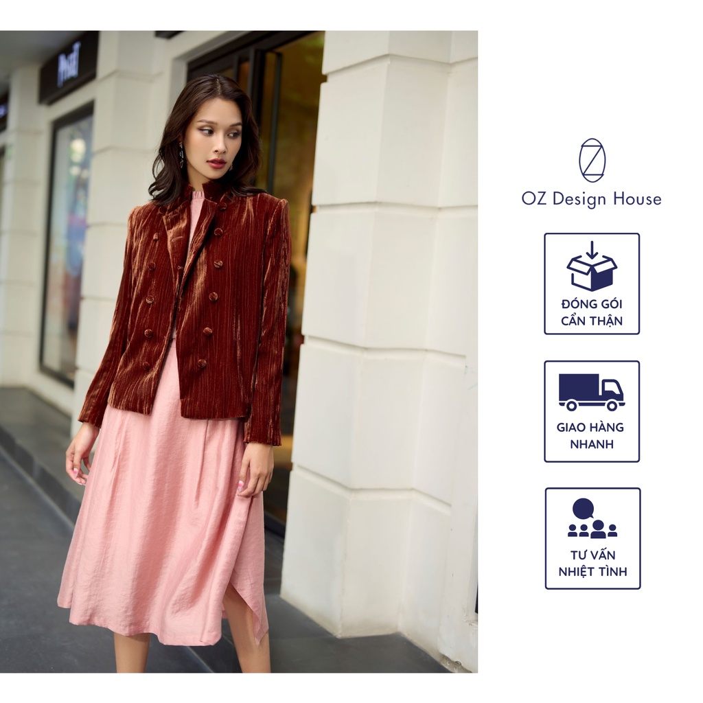 เสื้อแจ็คเก็ตผู้หญิง OZ Design House AK04158WIN22 กํามะหยี่ย่นพร้อมคอปกรถไฟกระดุมสองแถวสีน้ําตาล