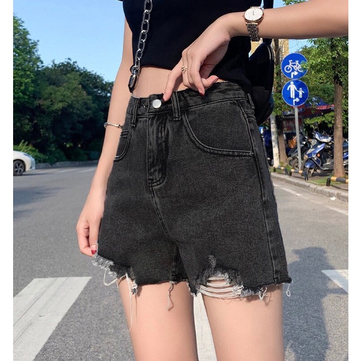 กางเกงยีนส์ผู้หญิง ทรงสวยเข้ารูป กางเกงยีนส์ขาสั้นปลายรุ่ยขาดขาเล็กน้อย🐝