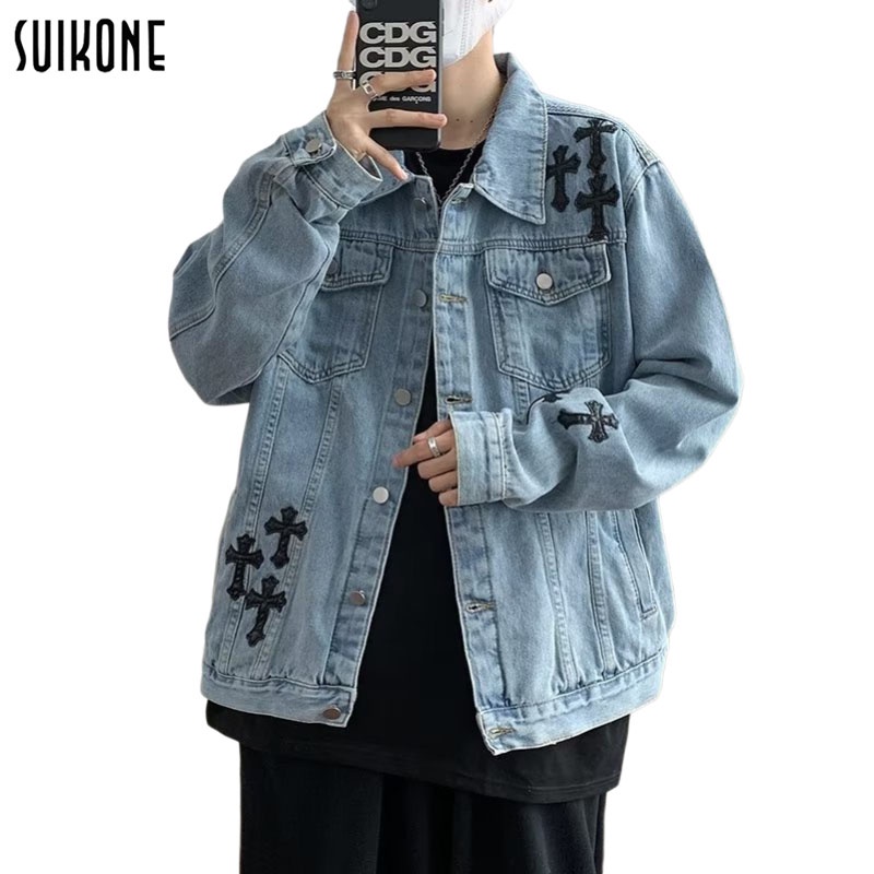 Suikone แจ็คเก็ตยีนส์ผู้ชายแฟชั่นปกเวอร์ชั่นเกาหลีของ ins แจ็คเก็ตพิมพ์กระดุมแถวเดียวหลวมสบาย ๆ ระดับไฮเอนด์เสื้อคู่