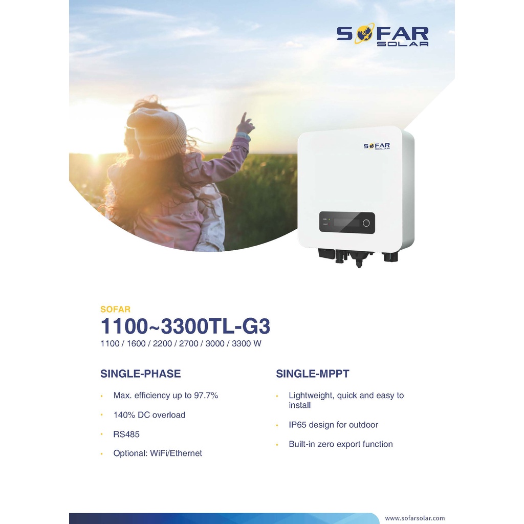 SOFAR Inverter Ongrid 1.6Kw/ 3.3Kw/ 5Kw/ 5.5Kw/ 7.5Kw/ 11Kw + Wifi +กันย้อน รับประกันสินค้า 5ปี ผ่าน