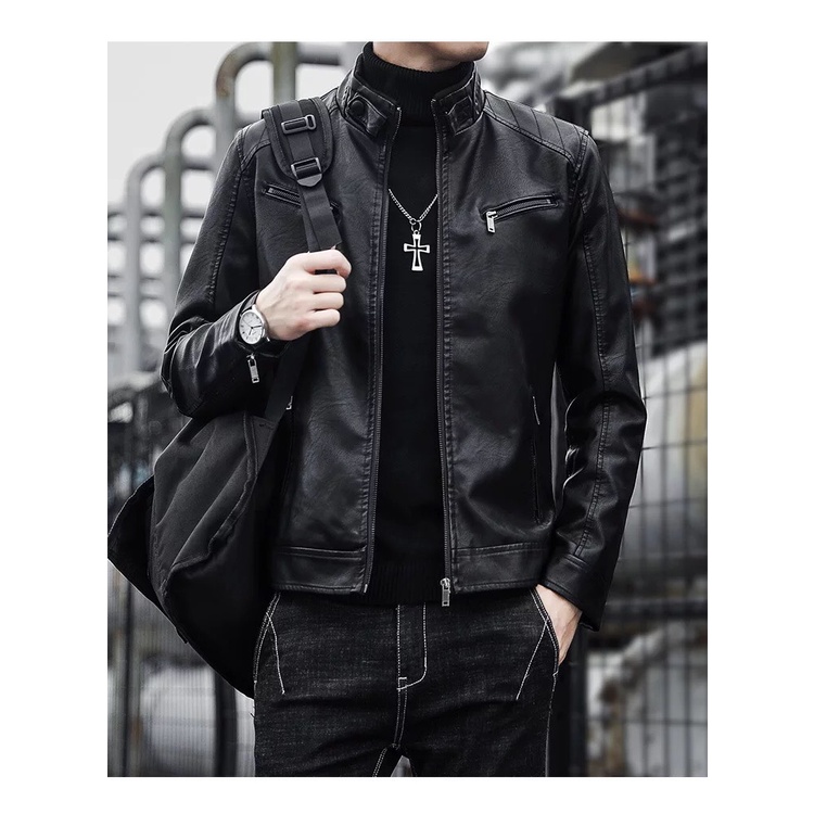 เสื้อแจ็คเก็ตหนังผู้ชาย Classy แขนซิป กระเป๋าด้านใน-LT02