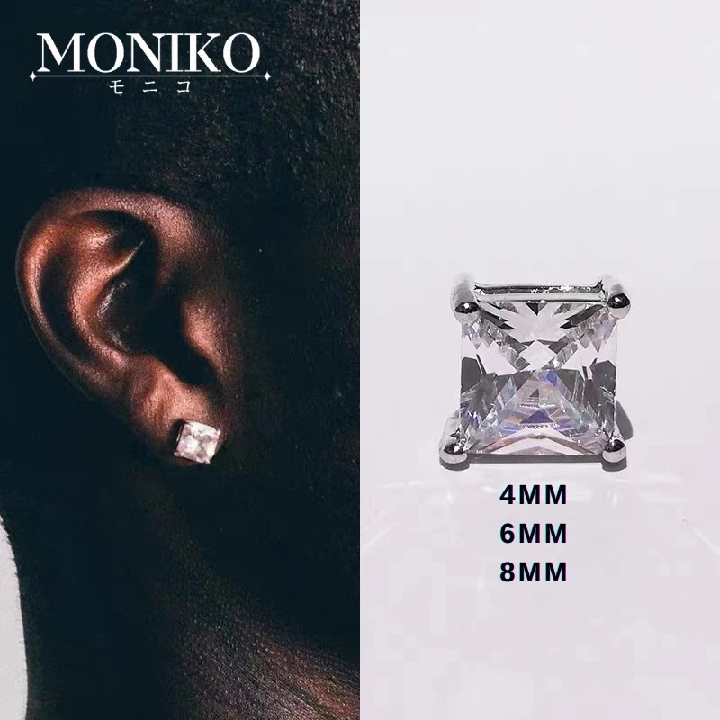 MONIKO ต่างหูเพชรทรงเหลี่ยม4 mm. - 8 mm CZ ต่างหูเพชร สําหรับผู้ชายและผู้หญิง ต่างหูก้านเงินแท้ 92.5% ไม่ระคายเคือง