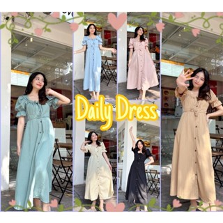 ⛅Daily Dress ⛅เดรสยาวเกาหลี แขนตุ๊กตา คอเหลี่ยม เดรสกระดุมหน้า เนื้อผ้าลายเปลือกไม้รุ่นนี้ใส่ไปคาเฟ่สวยหวานมาก