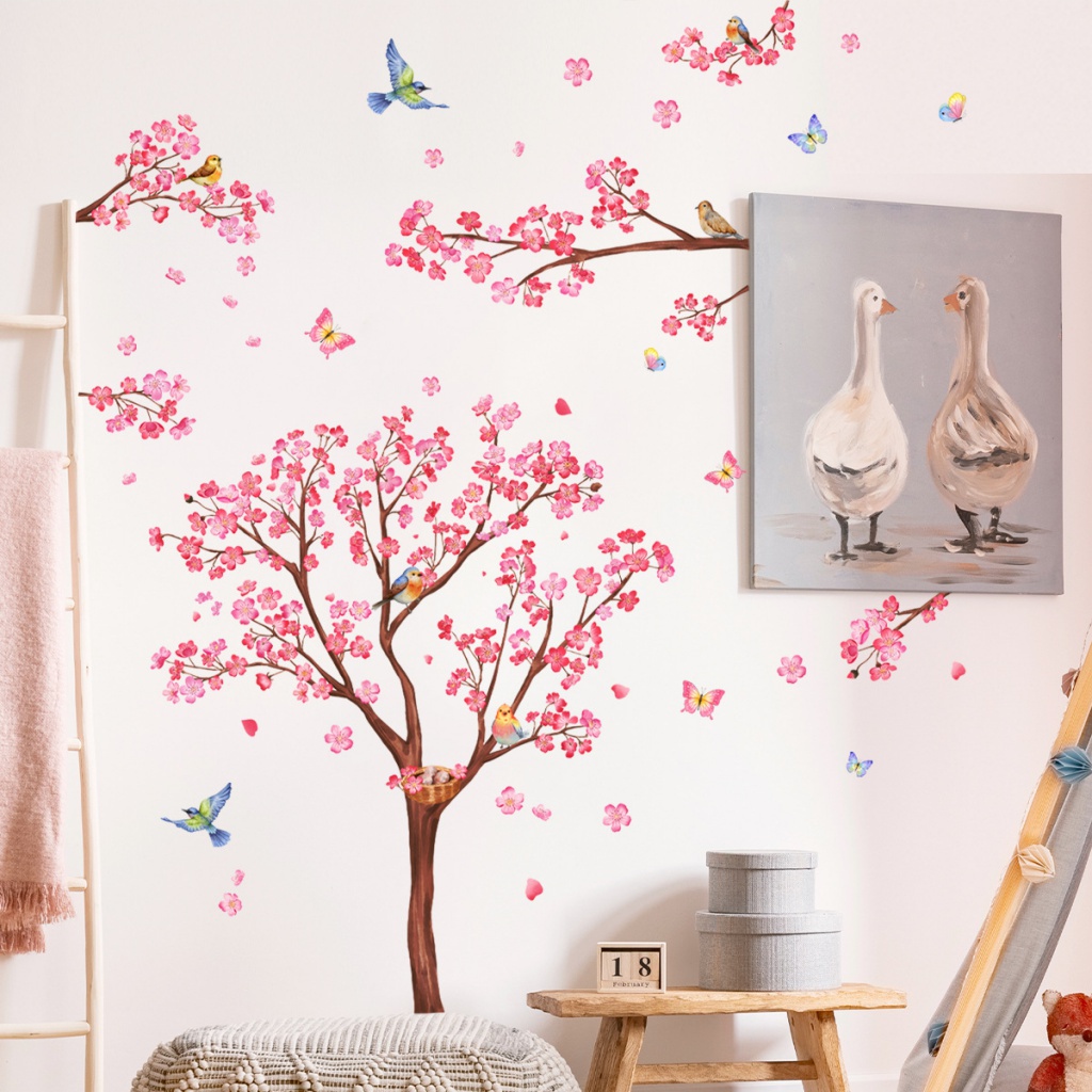 สติกเกอร์ติดผนัง ลายกิ่งไม้ กิ่งบ๊วย นก สีชมพู สําหรับตกแต่งห้องเด็ก