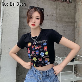 RUO BEI XAUN เสื้อยืดสตรีพิมพ์ลายการ์ตูนแขนสั้นสไตล์เกาหลีทรงสลิมใหม่ผ้าฝ้ายด้านบน