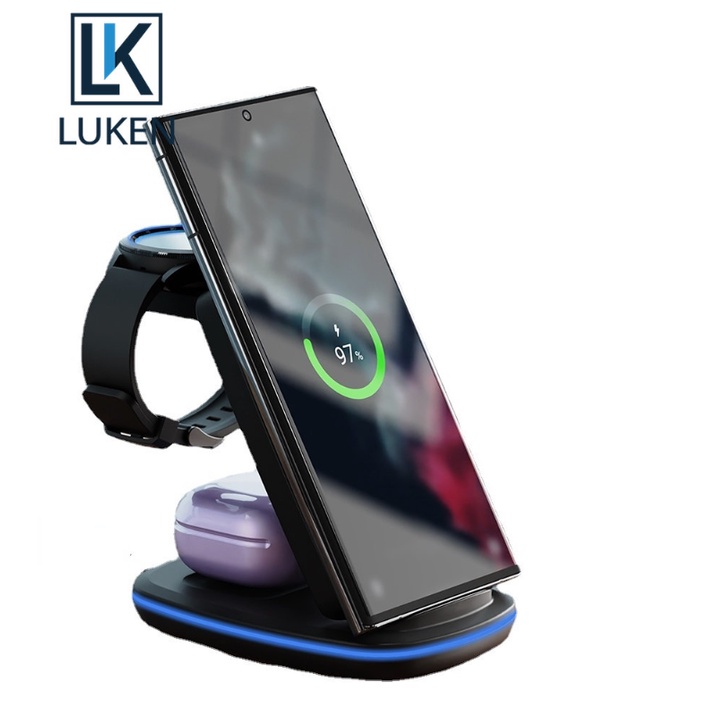 Luken 3 in 1 แท่นชาร์จไร้สาย 15W ชาร์จเร็ว สําหรับ Samsung Galaxy Watch 5 4 Active 2 1 Samsung S21 S20