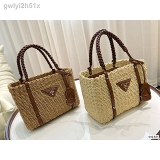 ⊕¤Fast deliveryPrada Women Summer Beach Bag Straw Top Handle Large Capacity Hobo Hand Woven Travel Bag