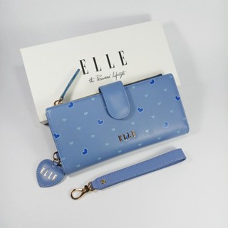 ELLE bag กระเป๋าสตางค์ผู้หญิงใบยาวพับประกบ สีฟ้า หนังแท้ลายโมโนแกรมรูปหัวใจ อะไหล่สีทอง