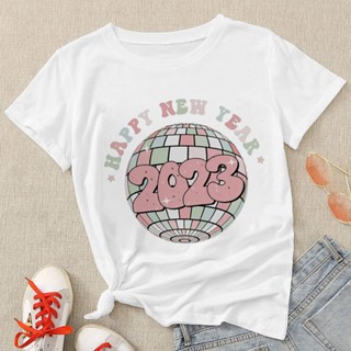 ถูกที่สุด 2023 Happy New Year Women T-shirts Fashion Design New In Letter Printed Short Sleeve T Shirts Casual Versatile