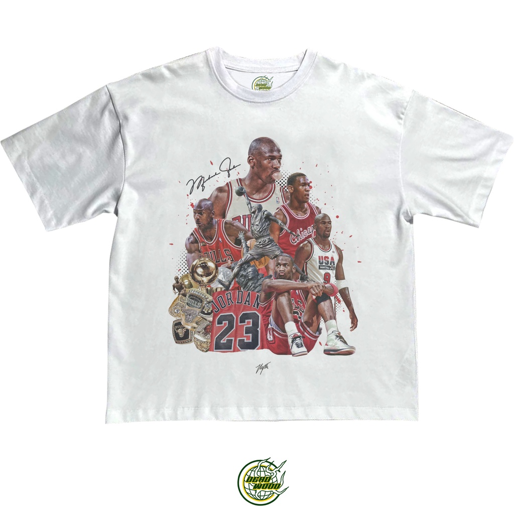 เสื้อยืดวินเทจสีขาวขนาดใหญ่ MICHAEL JORDAN 23 CHICAGO BULLS NBA STYLE