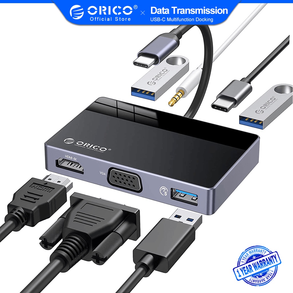 Orico 7-in-1 USB-C Hub USB C Multiport Adapter 4K HDMI/VGA/ 100W PD/ 5Gbps USB-A3.0/ USB-A2.0/ 3.5 มม./USB C Dock สําหรับ MacBook Pro/MacBook Air/Dell/HP