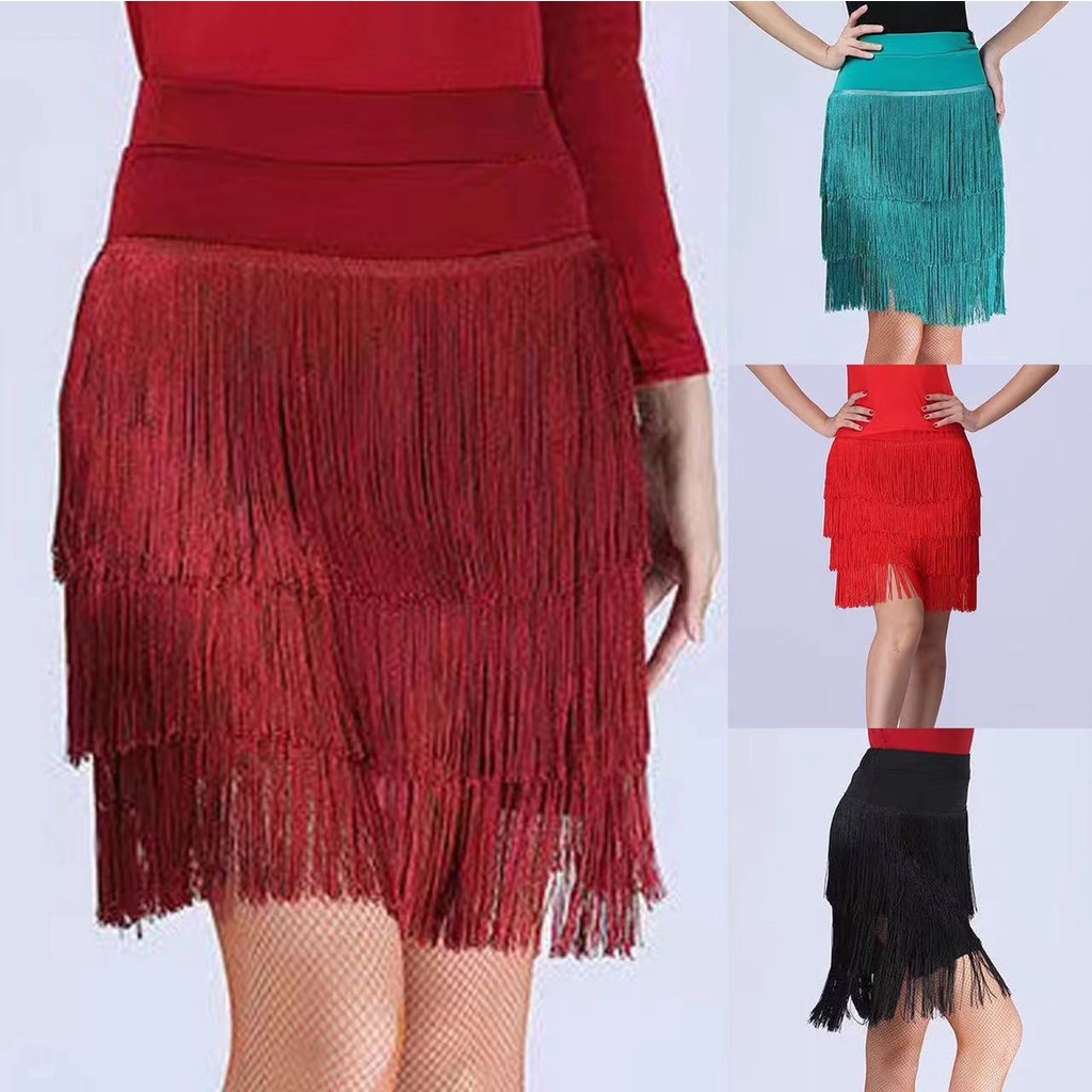 กระโปรงเต้นรําละติน ประดับพู่ สีแดง สําหรับผู้ใหญ่ ผู้หญิง ราคา ถูกที่สุด ดีลบีเคเค รูปภาพหลัก