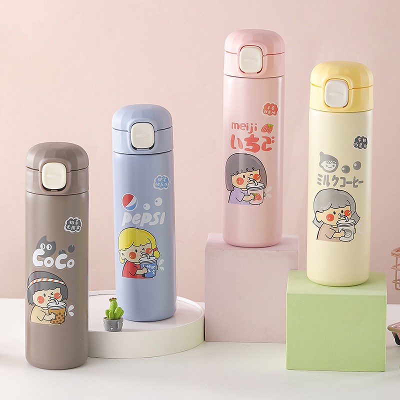 กระบอกน้ำเก็บอุณหภูมิ แบบยกดื่ม ลายการ์ตูนมาใหม่ ความจุ 350ml 450ml ฝาสามารถตั้งล็อคได้ สแตนเลส304