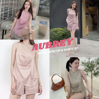 เบจ/ชมพูม่วง/เขียว/เทาน้ำตาล SLYQ MADE AUBREY DRAPED SATIN TOP &amp; SHORTS SET เซ็ทเสื้อแขนกุดและกางเกงขาสั้นผ้าซาติน