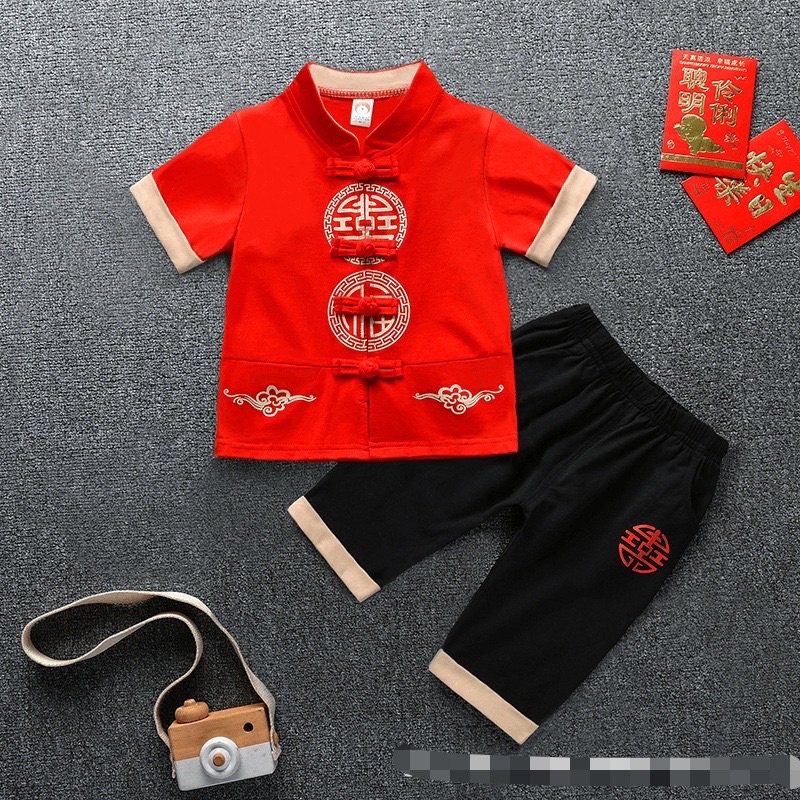 (พร้อมส่ง ) ชุดตรุษจีนคอจีนผ้ายืดเด็กผู้ชาย เสื้อสีแดงปีใหม่ ผ้าดีมาก