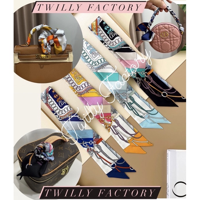 T0006/(กดสั่งจำนวน 1 =ได้ 2เส้นค่ะ)ลายใหม่ 2022 ผ้าพันหูกระเป๋า Cliquetis Twilly ผ้าผูกผม ** ไหมผสม** ไม่ใช่ซาติน!!