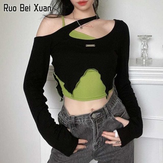 RUO BEI XUAN เสื้อถักสตรีสีตัดกัน 2 ชิ้นเข้ารูปเข้ารูปไม่สม่ำเสมอปิดไหล่เสื้อยืดแขนยาวเข้าได้ทุกชุดผู้หญิง