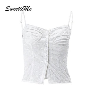 Sweeticme เสื้อสายเดี่ยว คอวี แต่งจับจีบ เปิดหลัง ปรับได้ สีพื้น แฟชั่นสําหรับผู้หญิง