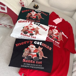 Christmas collection🐻เสื้อยืดทรงโอเวอร์ไซต์สกรีน Santa cat (S155)