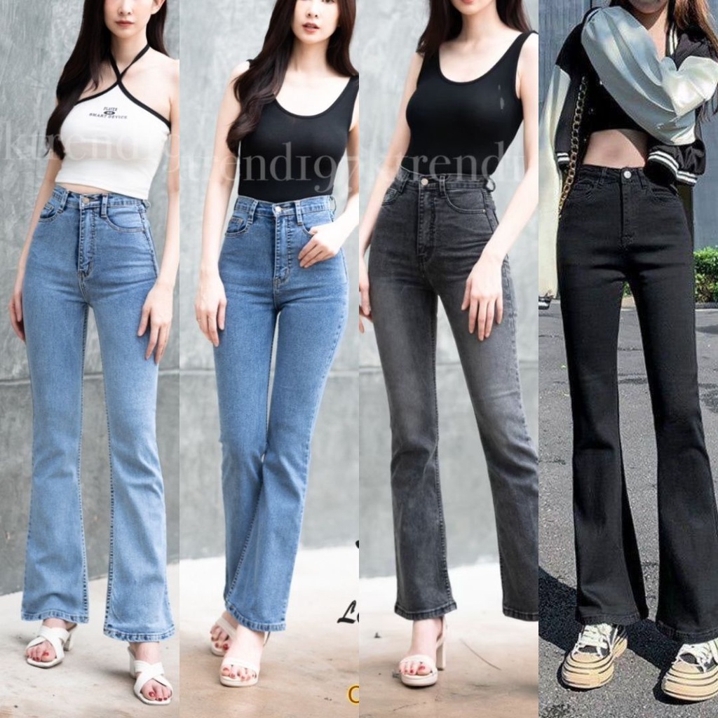 Looktrend888 กางเกงยีนส์ ขาม้า เอวสูง ผ้ายืด เก็บทรง เป๊ะปัง สวยแซ่บ ปลายขา บานเล็กน้อย  4 สี