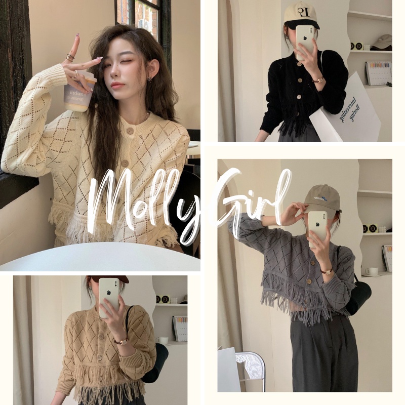 Mollygirl เสื้อคุมไหมพรมแต่งลูกไม้ น่ารักใสๆ สไตล์คุณหนู เสื้อครอป เสื้อแฟชั่นผญ