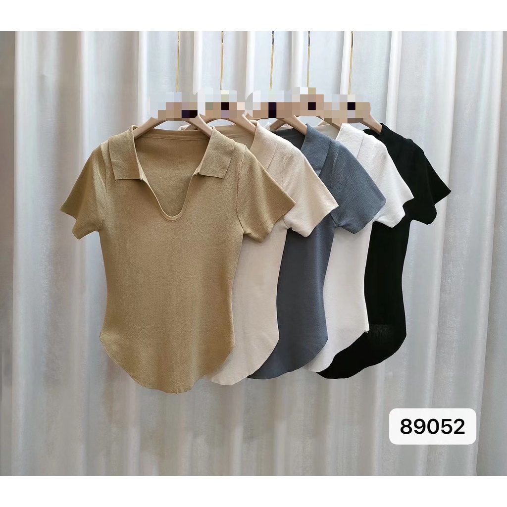 T-shirts 95 บาท Bonnie(พร้อมส่ง/ใหม่)#89052เสื้อยืดคอวีแขนสั้นPure Desireเสื้อโปโลปกสั้นฤดูร้อนสไตล์สาวร้อนเซ็กซี่ Women Clothes