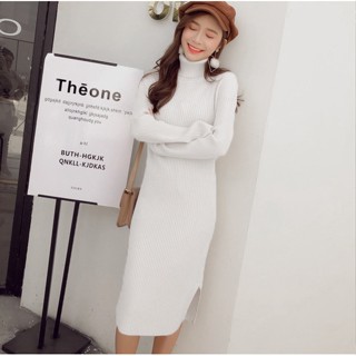 𝙎𝘿011 : ชุดเดรสยาว คอเต่า ผ้าร่อง ทรงตรง ผ่าข้าง