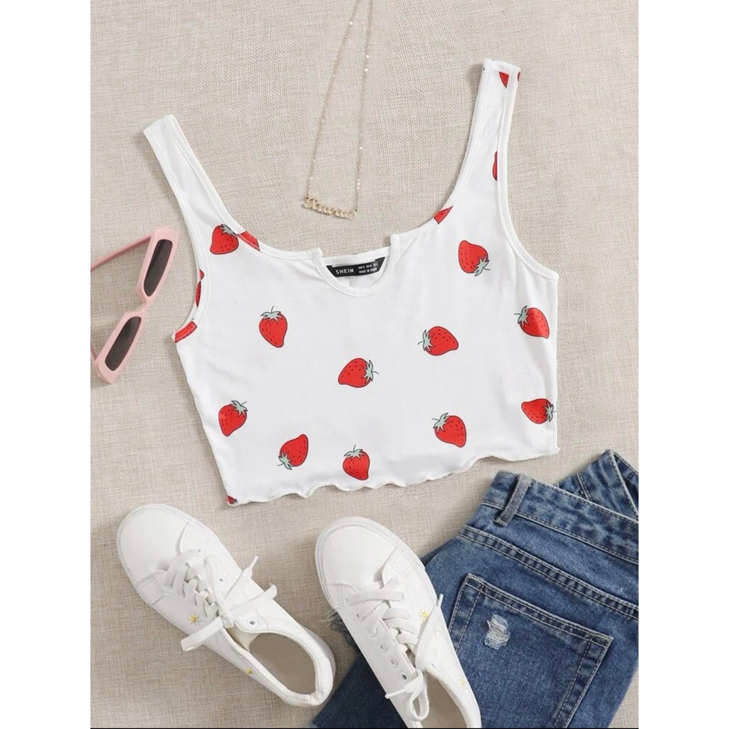 พร้อมส่งด่วนจากไทย เสื้อครอป เสื้อกล้าม เสื้อท็อป สีขาว ลายสตรอว์เบอร์รี ขอบย่น