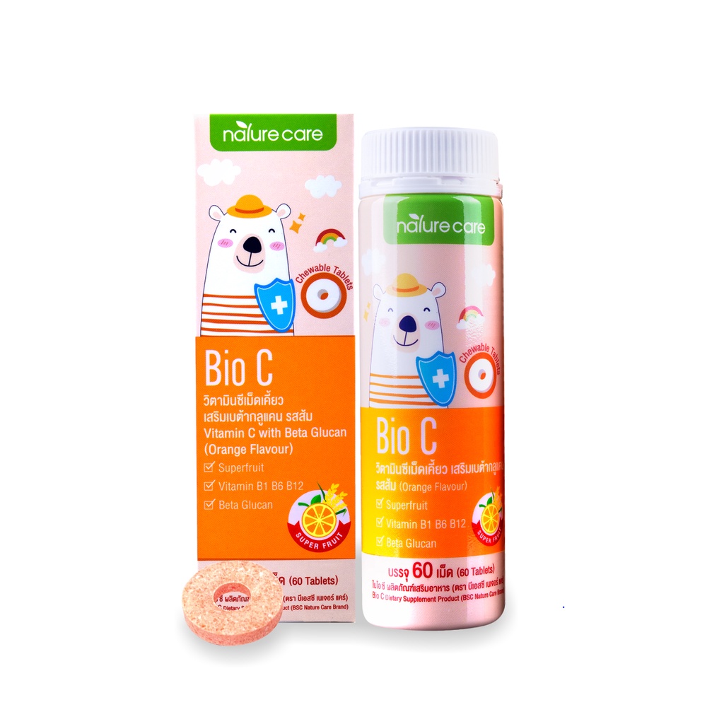 BSC Nature Care Bio C ไบโอซี วิตามินซีเคี้ยวรสส้ม สำหรับเด็ก 1ขวด/60เม็ดสินค้าผลิตวันที่ 01/01/24 หมดอายุวันที่ 01/01/26