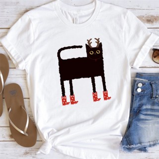 Christmas Cat T Shirt เสื้อยืดลายแมวสีดำมีสไตล์คริสมาสต์แขนสั้นผู้หญิงเสื้อสีขาวทรงหลวมแบบลำลอง