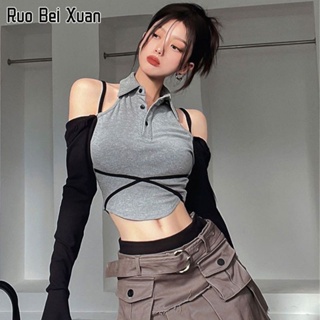 RUO BEI XUAN เสื้อยืดผู้หญิงเย็บปิดไหล่แขนยาวทรงสลิมรัดรูปท่อนบน