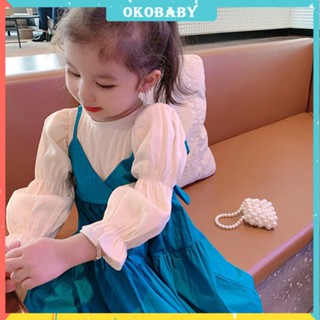 OKOBABY🌈พร้อมส่ง🌈ชุด แขนยาว เด็ก ผู้หญิง ธนู แขนพัฟ กระโปรงขนาดใหญ่  ชุดเจ้าหญิง 1-7 ปี