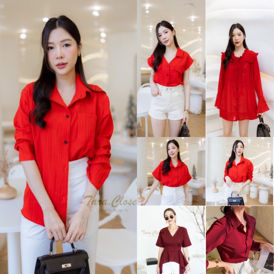 MIX001 TARA RED  เสื้อสีแดง เชิ้ต ครอป สำหรับใส่ในเทศกาล คริสต์มาส ปีใหม่ ตรุษจีน เสริมศิริมงคลให้แก่ตัวท่านเอง