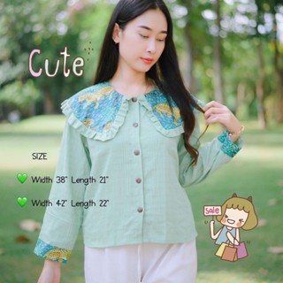 เสื้อคอปก ผ้าสาลูริ้วสีเขียวมิ้นสวย
