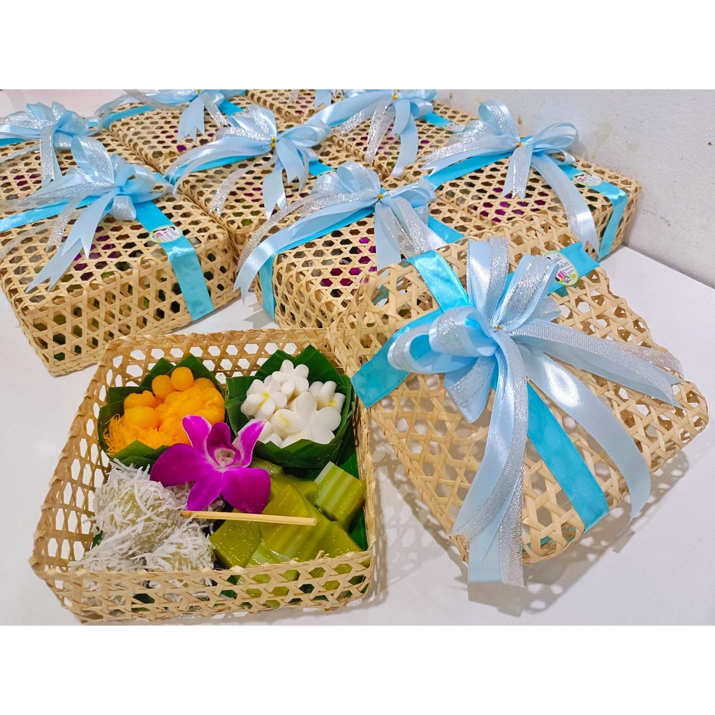 กล่องชะลอมไม้ไผ่สานมีฝา Handmade ตบับสี่เหลี่ยม กล่องของชำร่วย ของฝาก ขนมไทย กล่องใส่สังฆทาน ของขวัญ