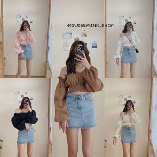 Dudeemink_shop FRUFFY TOP เสื้อเกาะอกต่อแขน เผ้าอัดลาย เปาดไหล่ แฟชั่น น่ารักมาก สาวอวบใส่ได้