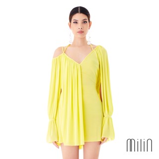 [MILIN] Agnes Dress Cascading panel overlay v neck jersey mini dress เดรสสั้นคอวี แขนยาว ปลายแขนกระดิ่ง แต่งซ้อนผ้า