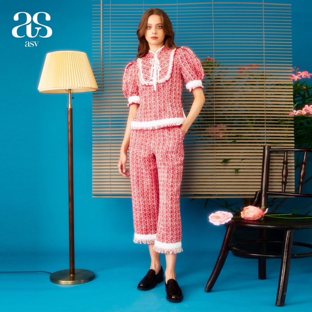 [asv rs23] Demi Tweedie Pants กางเกงผู้หญิง ขายาว ทรงตรง แต่งเทปช่วงเอว ชายแต่งพู่ ผ้าทวีต