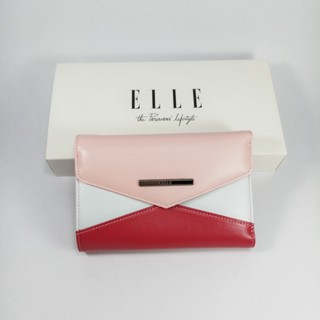 ELLE bag กระเป๋าสตางค์ผู้หญิงใบกลาง สามพับ สีชมพู-แดง-ขาว หนังนิ่มหนังลาย โลโก้แถบยาว