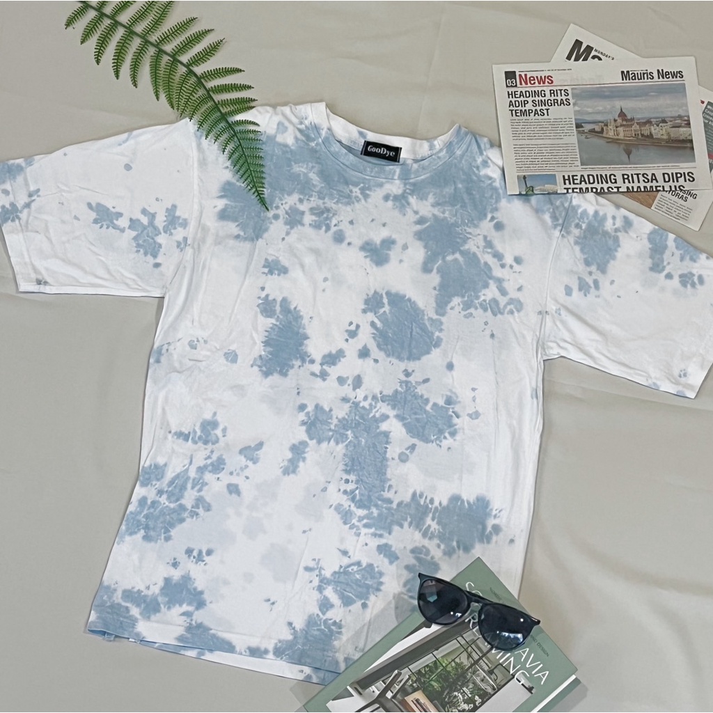 เสื้อมัดย้อม Unisex ทรง Oversize เกาหลี ผลิตจากผ้า Cotton แท้ 100% รุ่น Marble สีฟ้า-ขาว