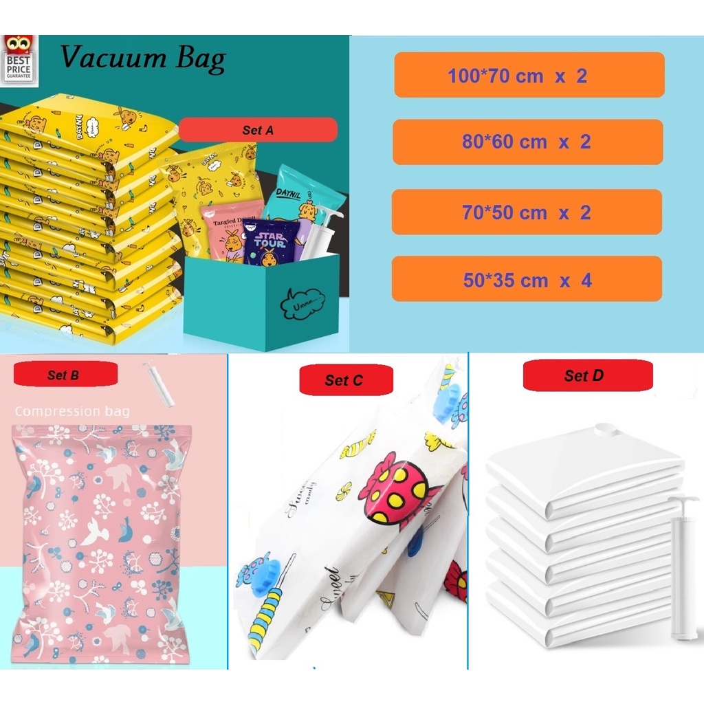 จ้ดเซต 2-2-2-4 ถุงสูญญากาศลายการ์ตูน Vacuum 10 ใบ พร้อมที่สูบ รวม 11 ชิ้น