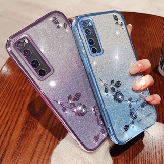 เคสโทรศัพท์ซิลิโคน TPU นิ่ม แบบใส ปิดด้านหลัง ลายดอกกุหลาบ ประดับพลอยเทียม กลิตเตอร์ ระยิบระยับ แฟชั่น สําหรับ Huawei Nova 7 Pro 5G Nova7 SE 5G